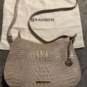 Brahmin Taupe Croc-Embossed Crossbody Bag with Gold Accents